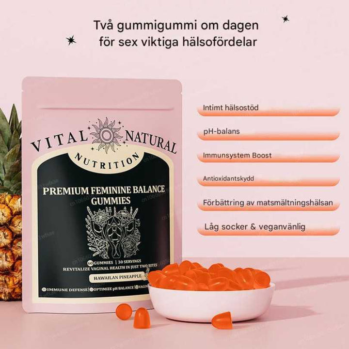 Delicious pineapple-flavored FemVera gummies, a plant-based supplement for women's pH balance & intimate health.