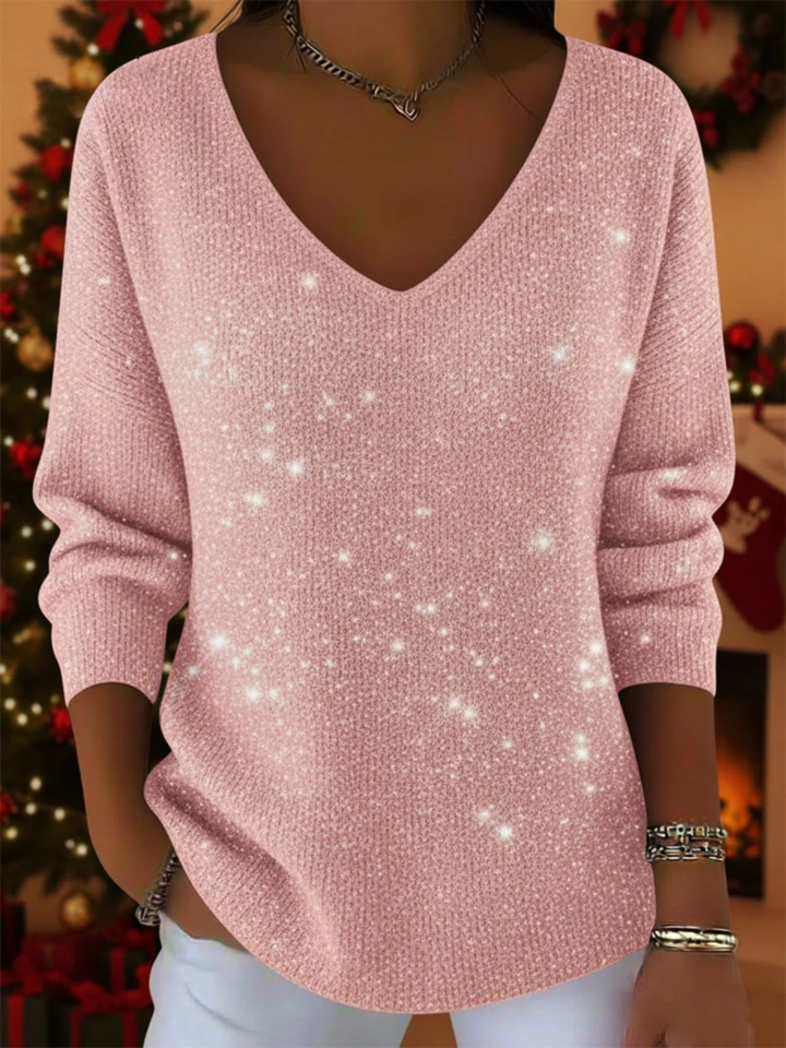 Perfect women's festive V-neck jumper for holiday parties. Cozy, elegant long-sleeve seasonal sweater.
