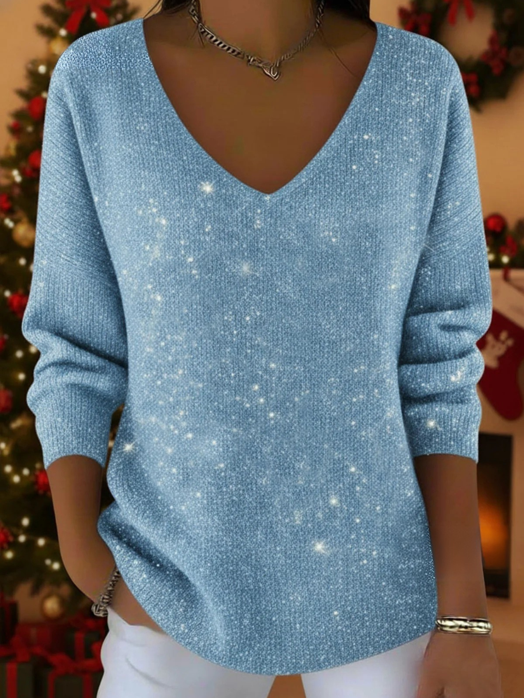 Women's festive V-neck long-sleeve jumper. Cozy seasonal sweater for fall & winter fashion. Elegant casual top.