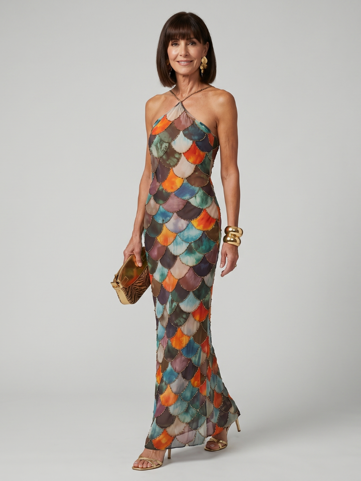 Women's fitted halter maxi dress with vibrant geometric print, perfect for elegant summer style.