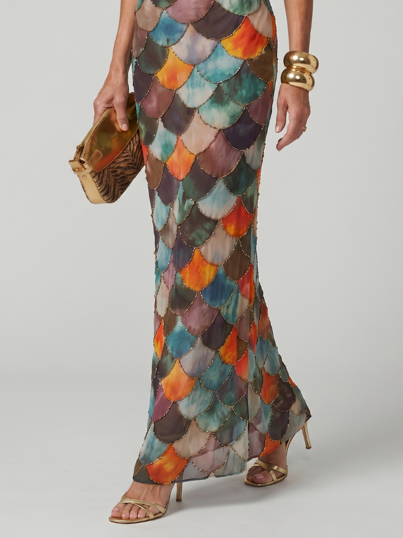 Elegant women's sleeveless maxi dress, pull-on halter design with a unique geometric print for summer fashion.