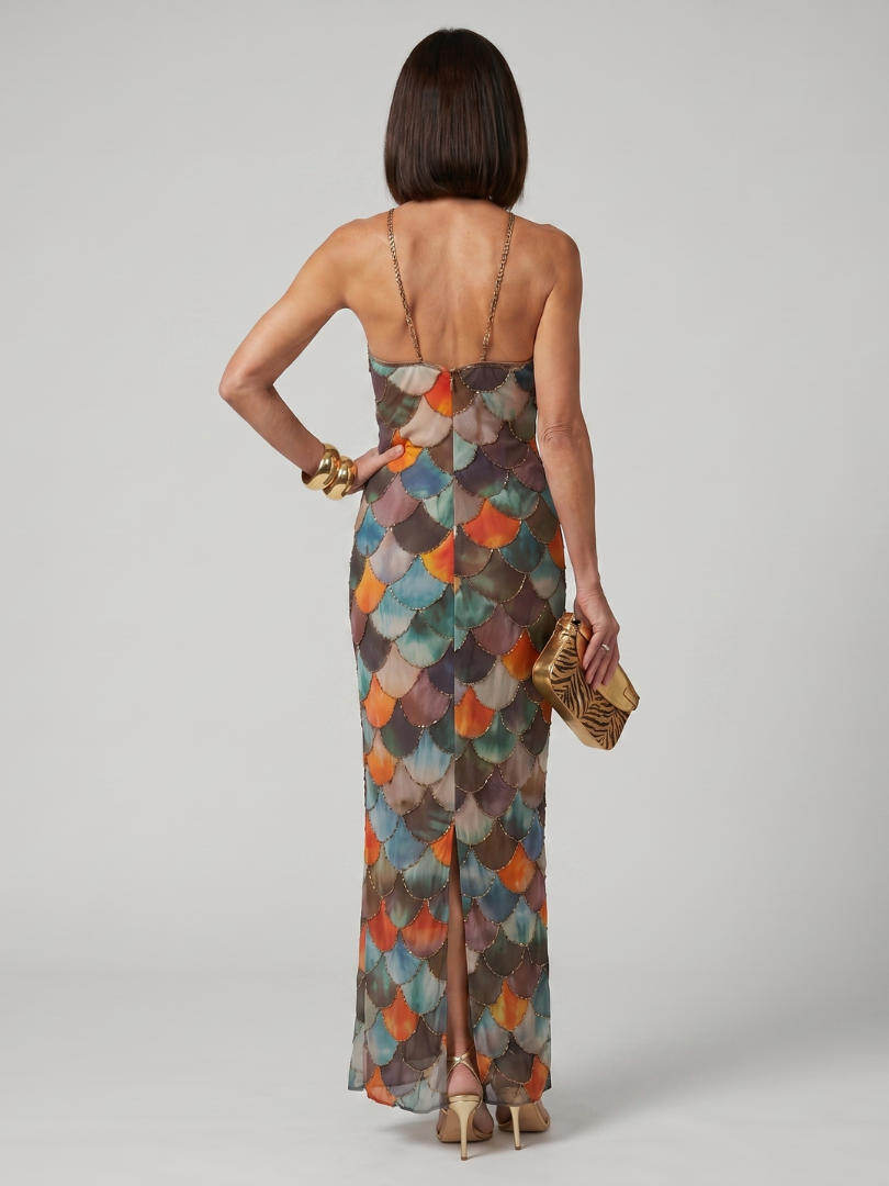 Stylish women's fitted halter maxi dress featuring a bold geometric print and comfortable pull-on design.