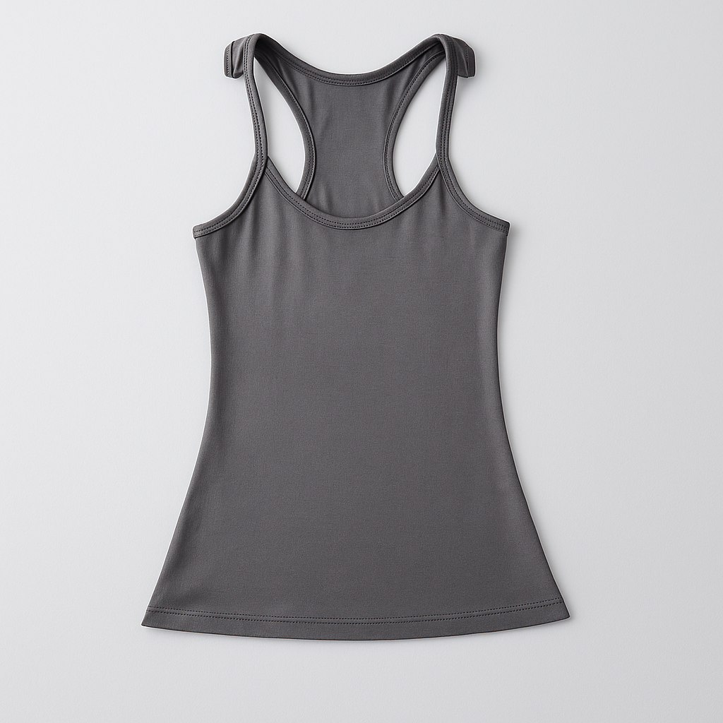 Sleek women's basic tank top, fitted and sleeveless with invisible straps for modern, minimalist everyday fashion.
