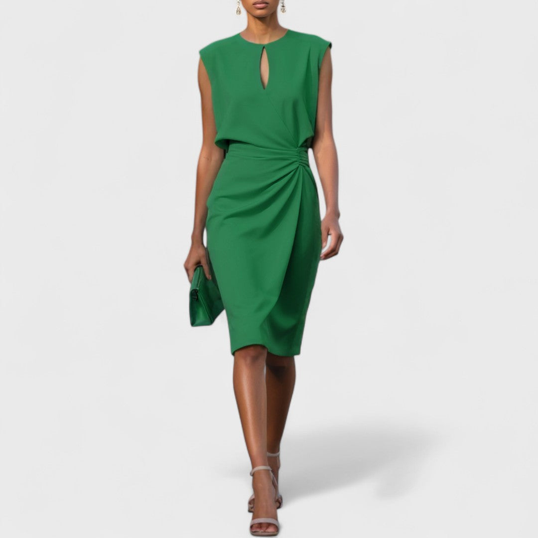 Elegant women's fitted midi dress, ideal for evening wear or a stylish day look, with a side slit.