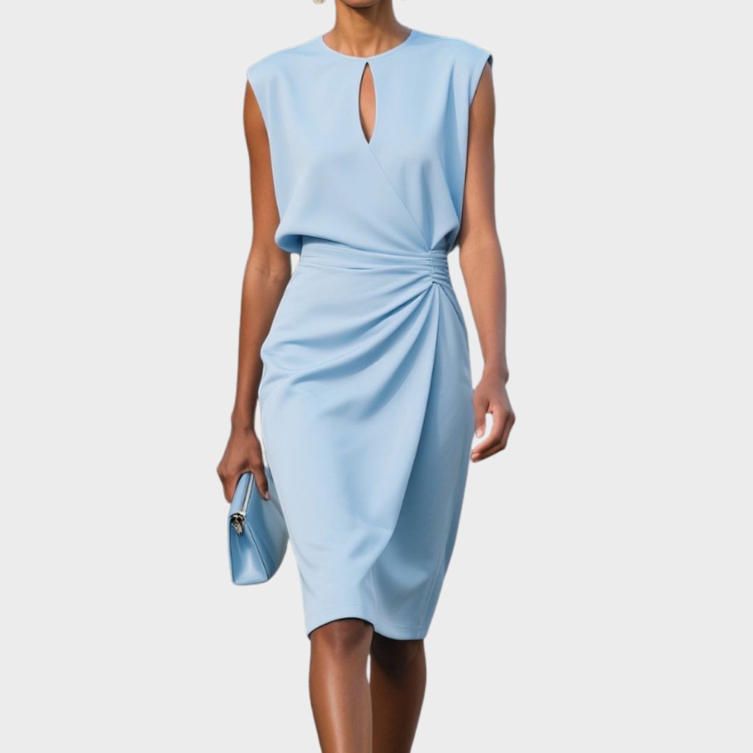 Women's fitted sleeveless midi dress with elegant side gather and modern keyhole neckline.