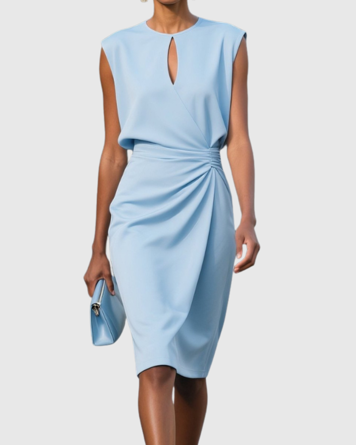 Chic sleeveless midi dress for women, perfect for workwear or evening events, featuring side gather & keyhole.