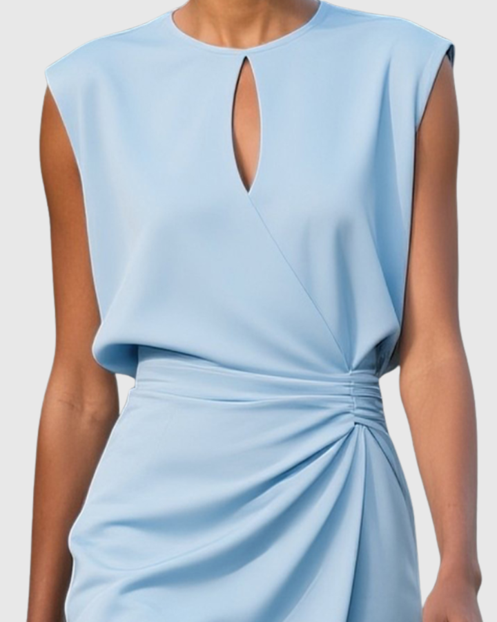Elegant women's fitted midi dress with stylish side gathering and a unique keyhole neckline detail.