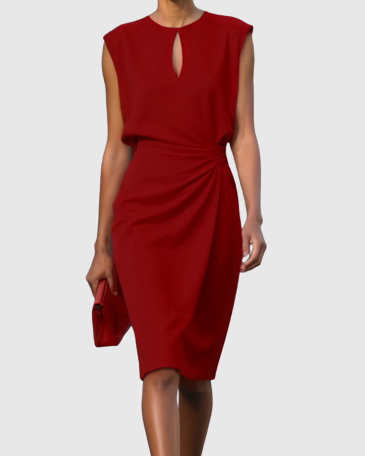 Elegant women's cocktail dress, sleeveless & fitted, with chic side gathering and a distinctive keyhole neckline.