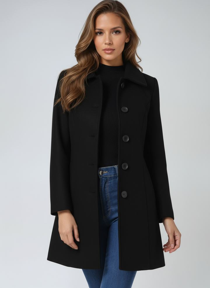 Women's fitted trench coat with classic button closure & structured collar. Elegant ladies outerwear.