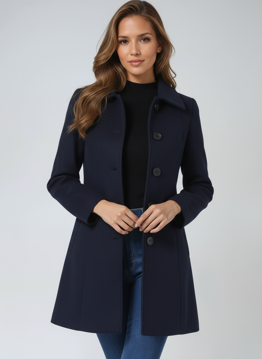Autumn/winter women's stylish trench coat, featuring a tailored fit, button closure & smart collar.