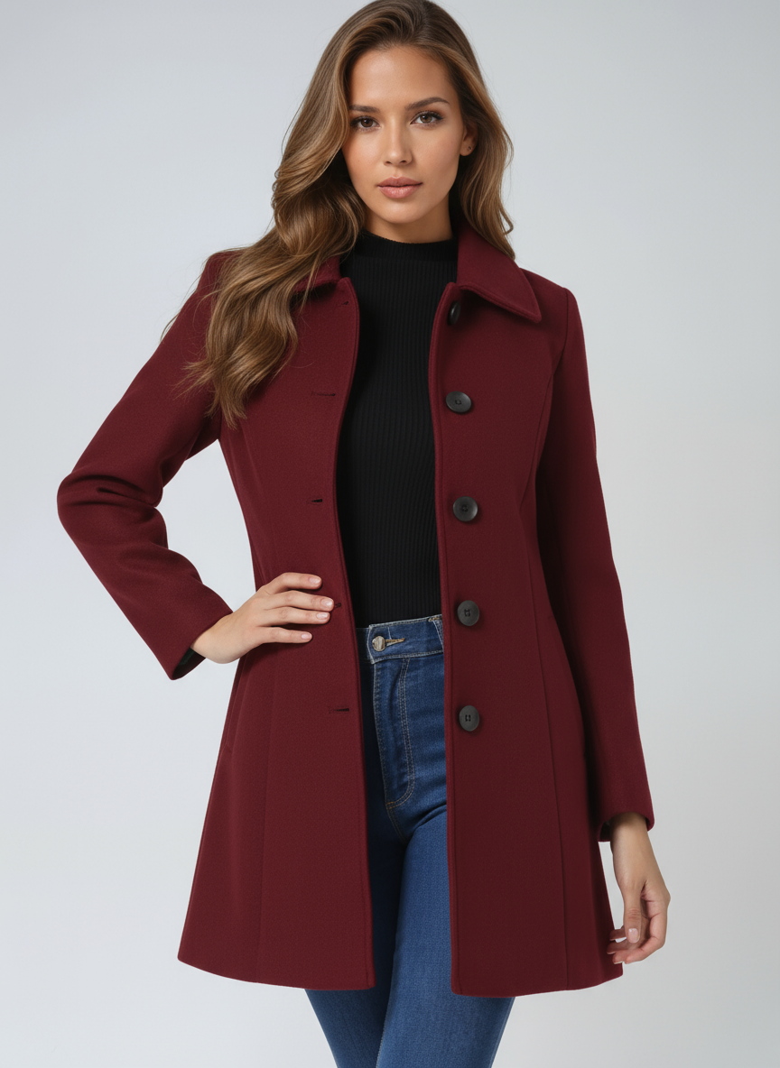 Sophisticated women's button-closure trench coat, designed for a chic look & structured collar.