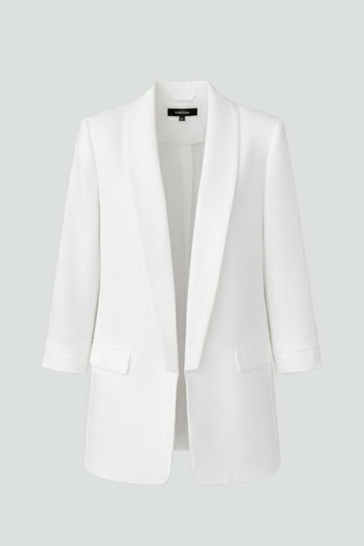 Women's fitted wrap collar blazer for professional office wear. Tailored long sleeve jacket.