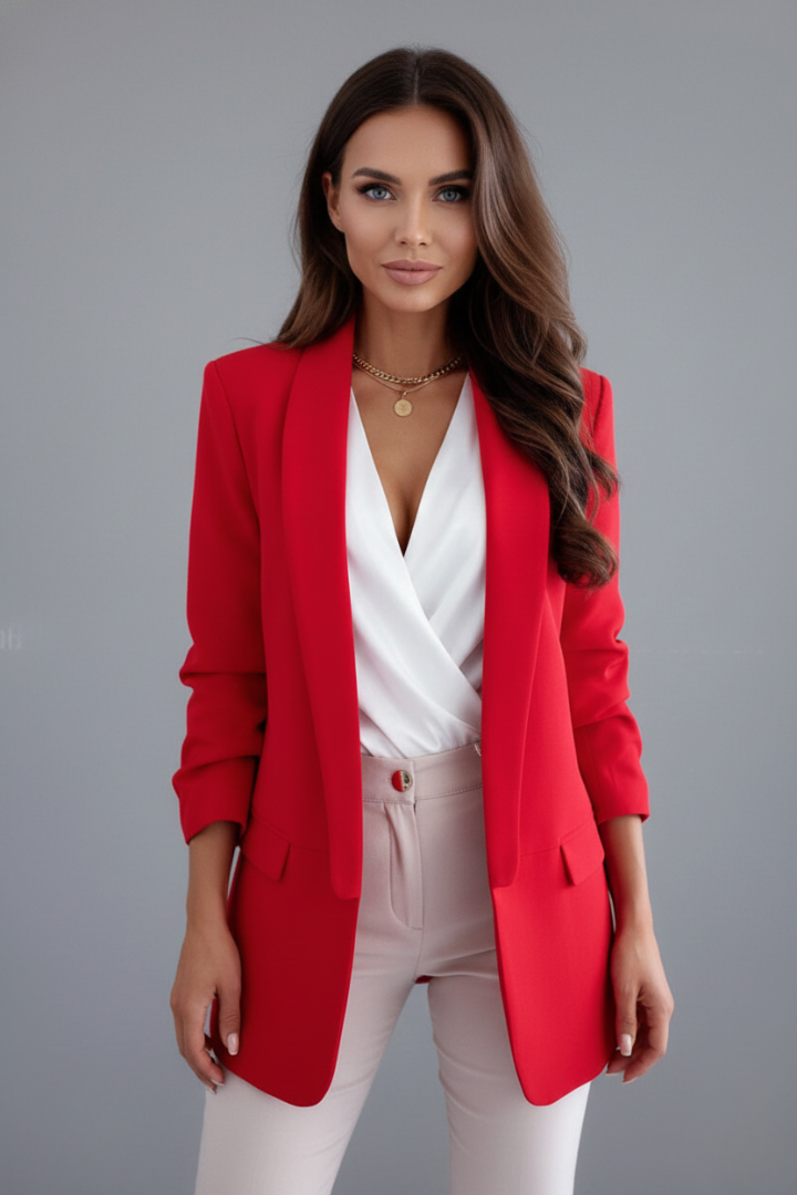 Elegant women's fitted wrap collar blazer. Professional office wear, long sleeve tailored jacket.