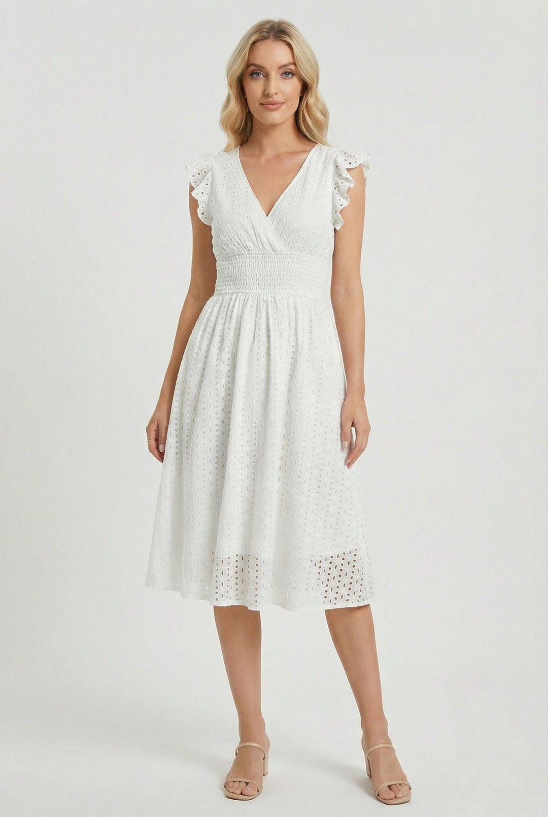 Women's flared eyelet midi dress with charming ruffled sleeves, perfect for summer casual wear.
