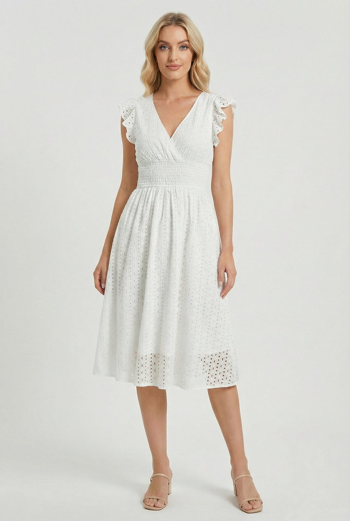 Women's flared eyelet midi dress with charming ruffled sleeves, perfect for summer casual wear.