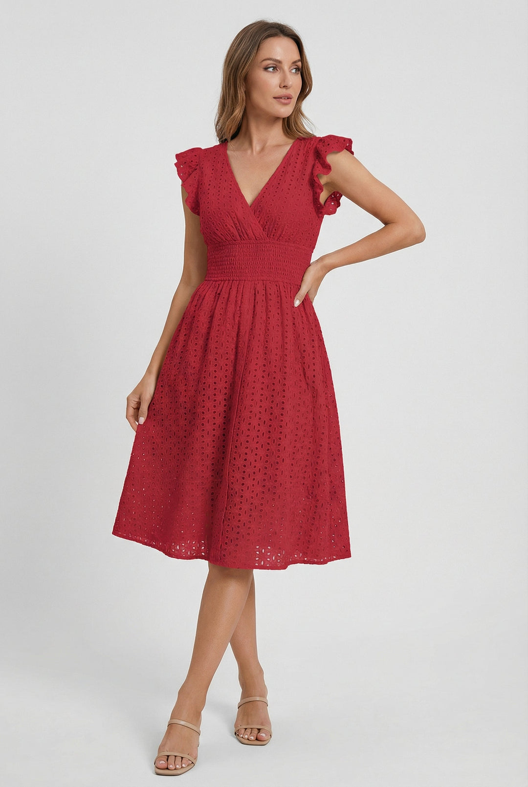A versatile women's casual midi dress, eyelet fabric, flared hem, and adorable ruffled sleeves.
