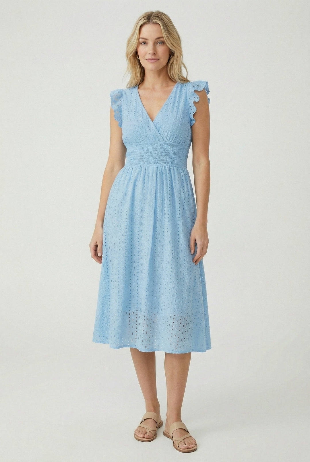 Detail of the ruffled sleeve and eyelet pattern on a women's summer flared midi dress.