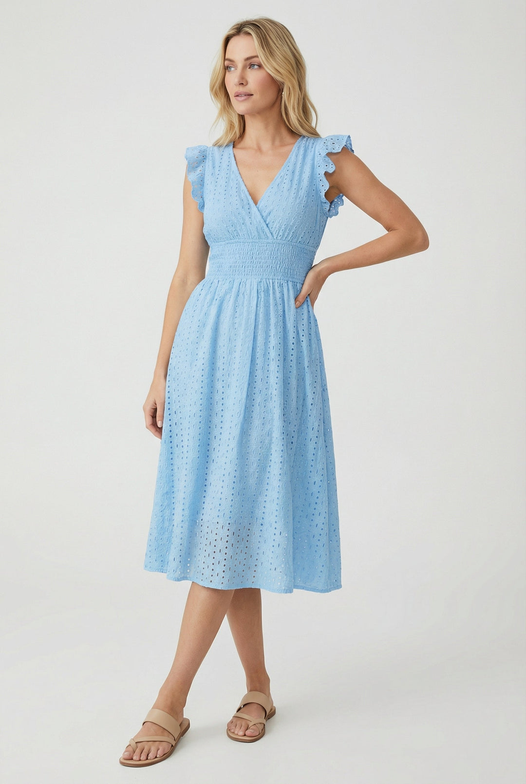 Comfortable and chic women's eyelet midi dress, flared design, ruffled short sleeves, great for daily wear.