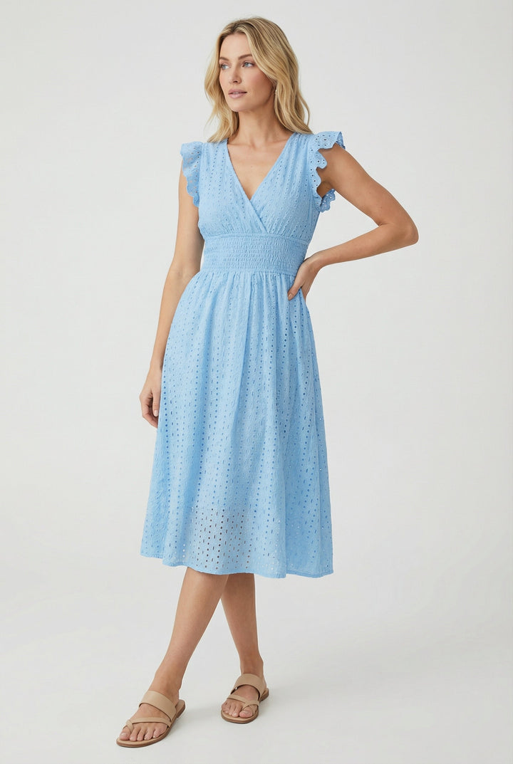 Comfortable and chic women's eyelet midi dress, flared design, ruffled short sleeves, great for daily wear.