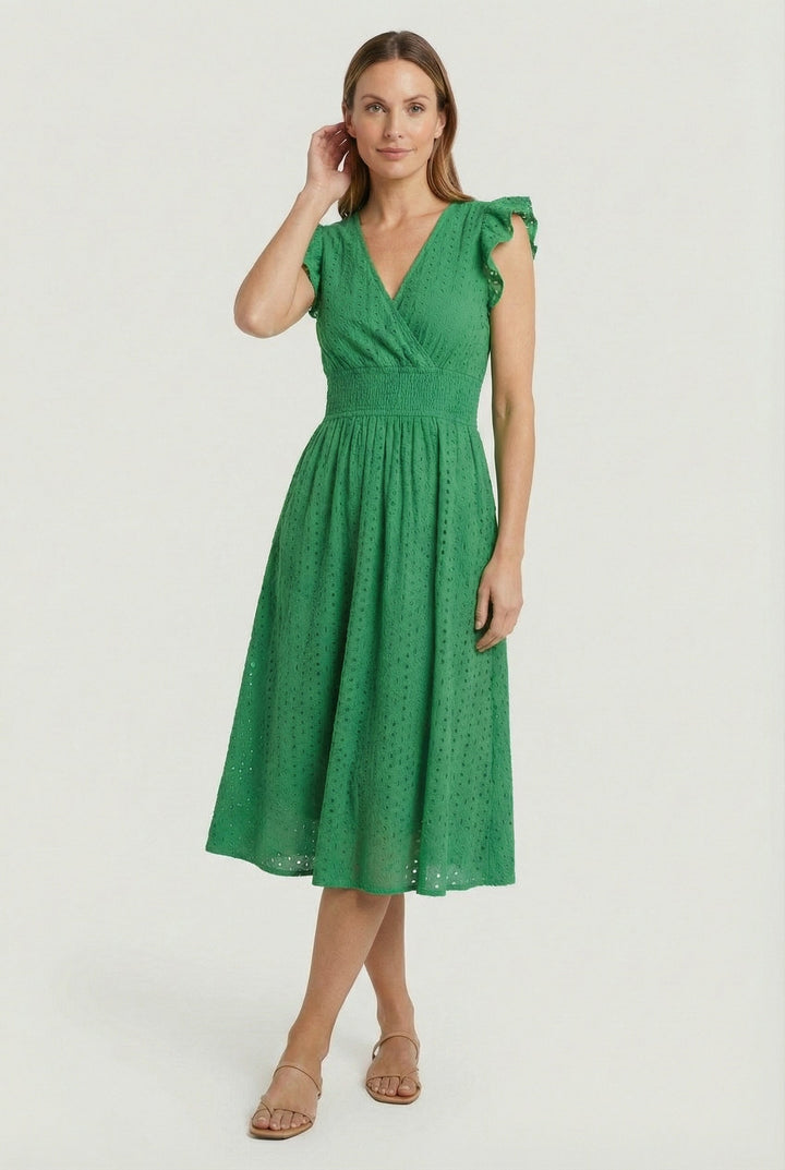 Women's fashionable flared eyelet midi dress with unique ruffled sleeves, perfect for warm weather.
