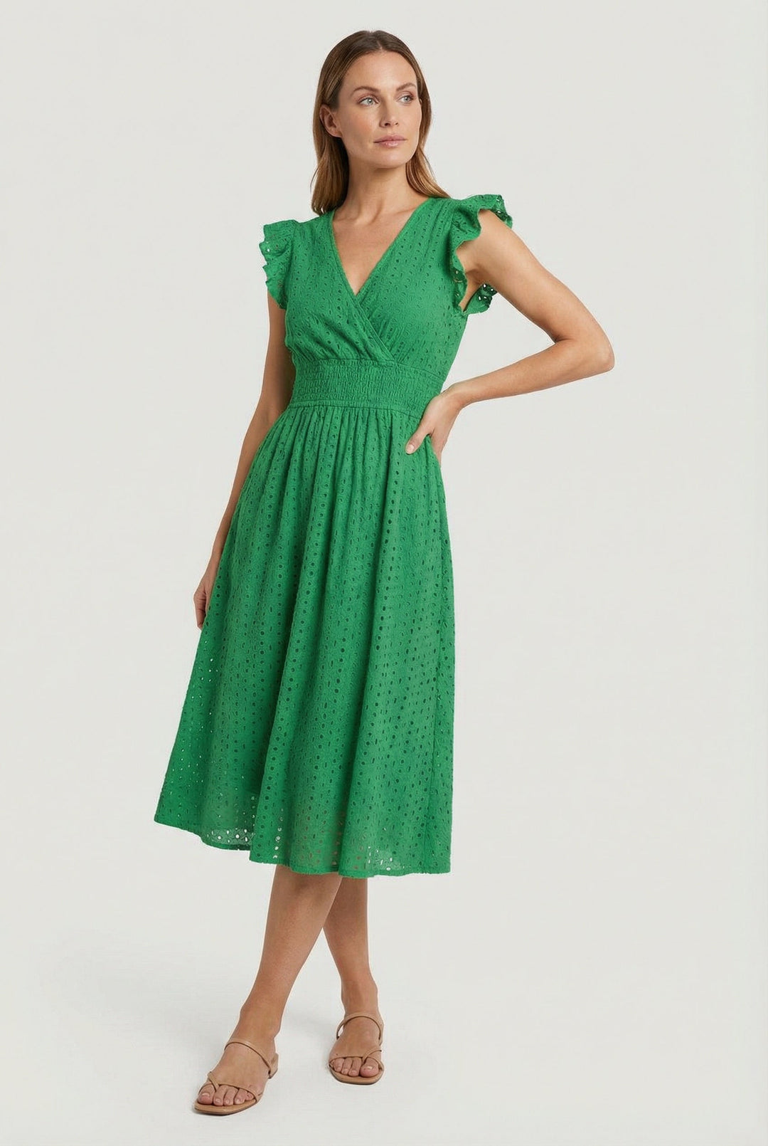 Elegant summer dress: Women's eyelet midi with a flared skirt and charming ruffled sleeves.