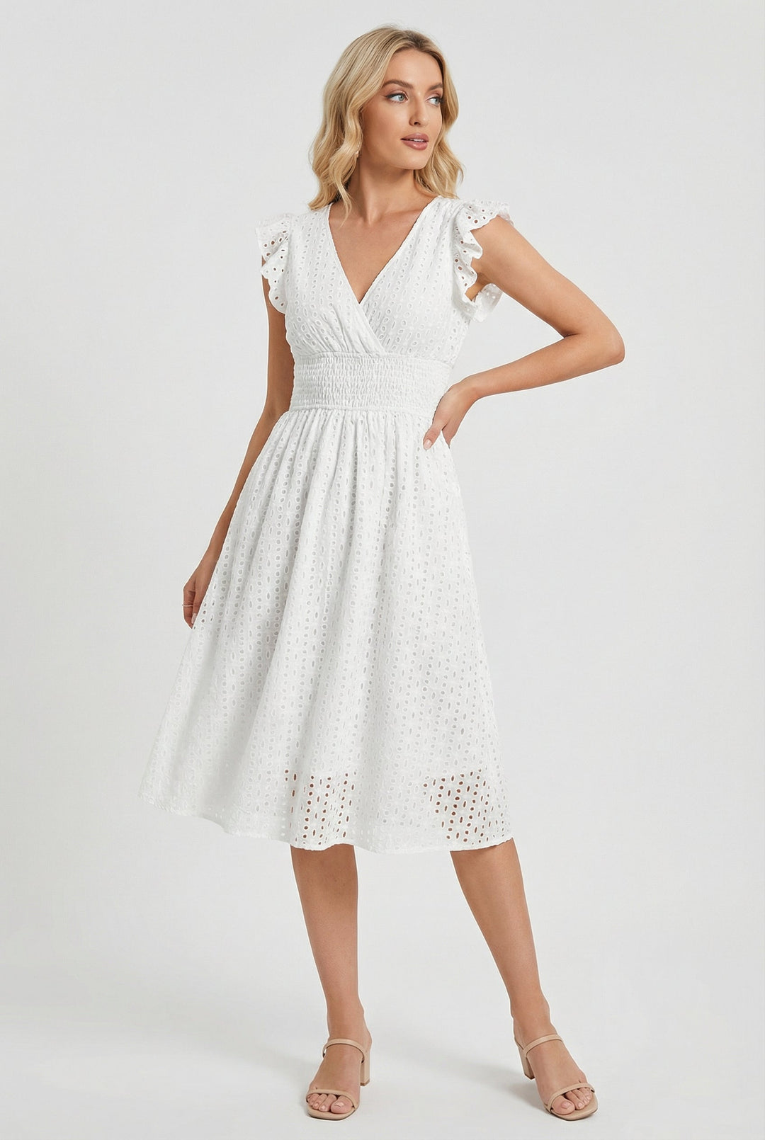 Stylish women's summer eyelet midi dress, flared silhouette, and elegant ruffled short sleeves.