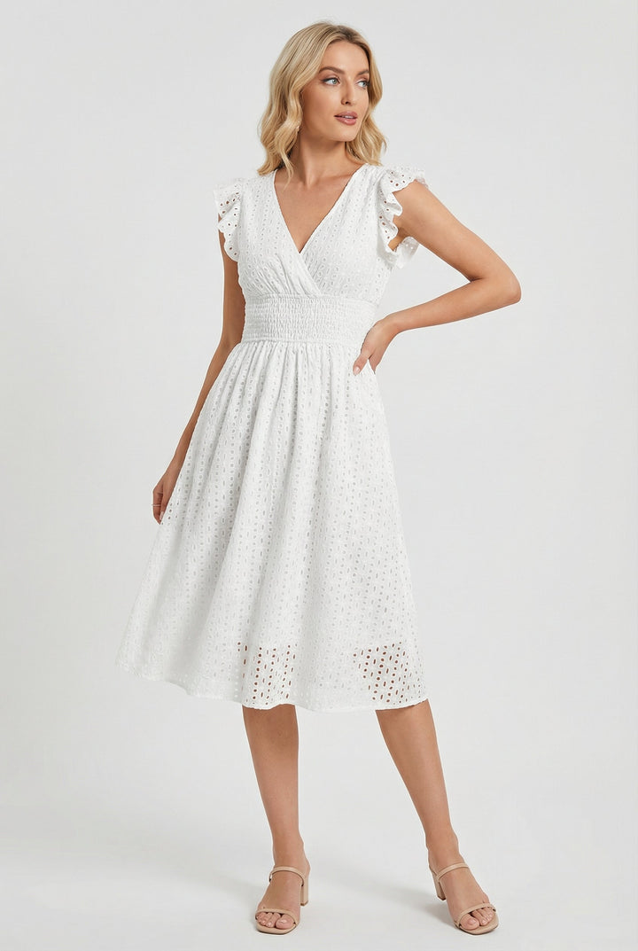 Stylish women's summer eyelet midi dress, flared silhouette, and elegant ruffled short sleeves.