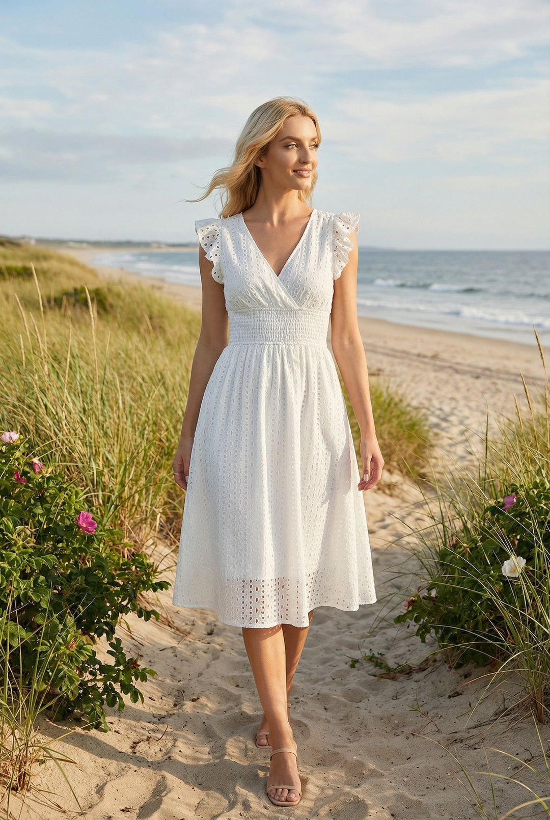 Casual day dress: Women's eyelet midi with a flared skirt and pretty ruffled sleeves, comfortable fit.