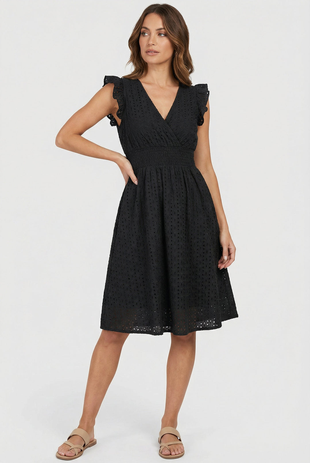 Close-up of intricate eyelet fabric on a women's flared midi dress with stylish ruffled sleeves.