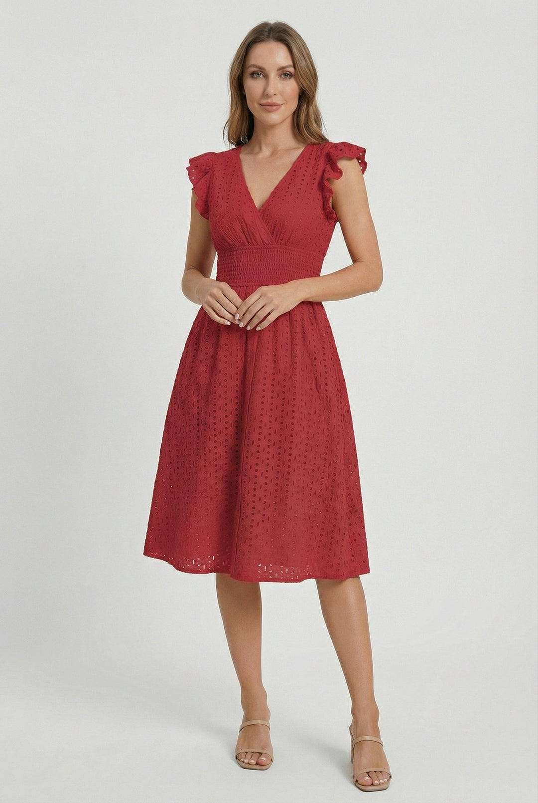 Flattering women's flared eyelet midi dress with elegant ruffled sleeves, suitable for spring events.