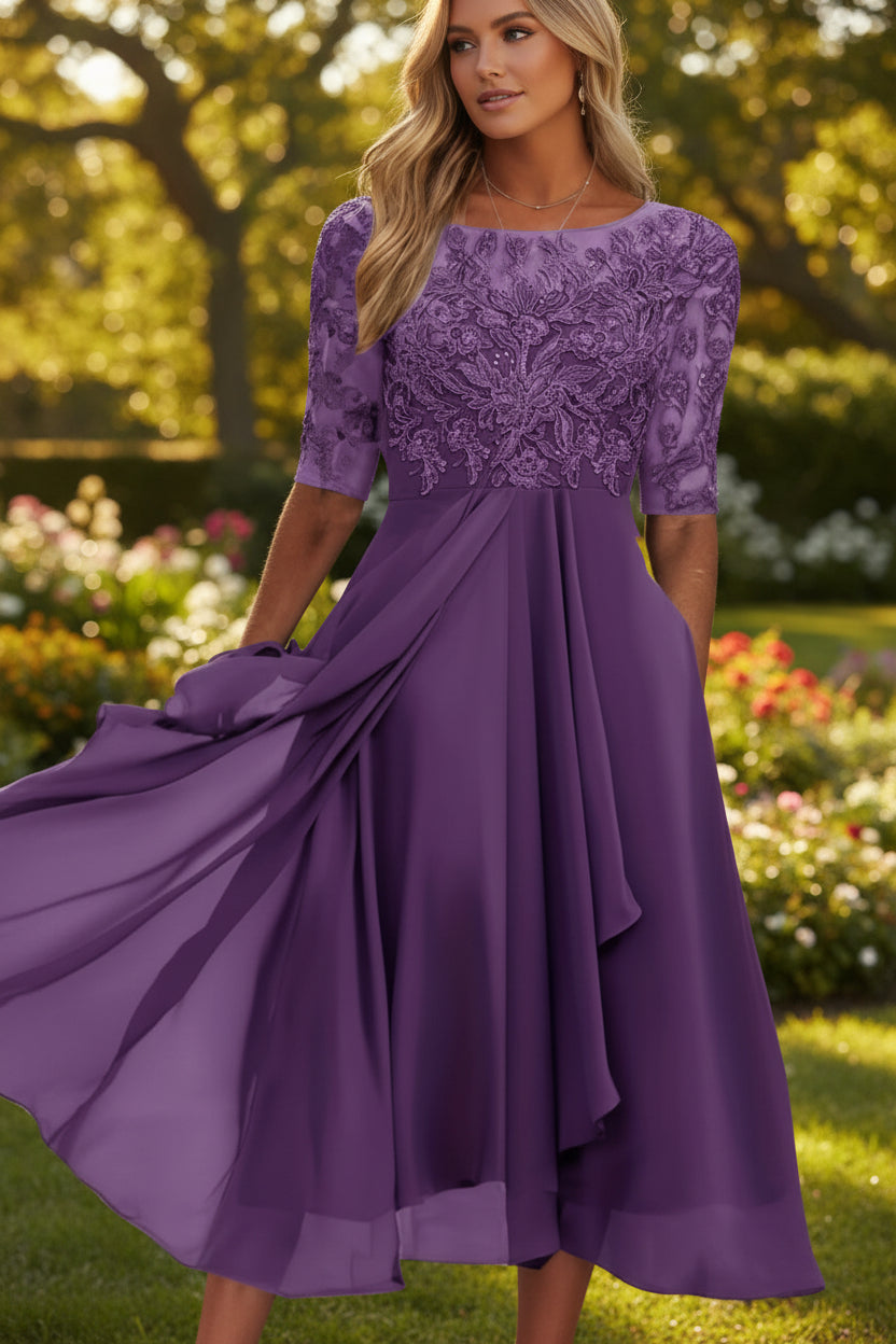 Comfortable flowy women's midi dress with a flattering high waist & flared skirt, perfect for summer.
