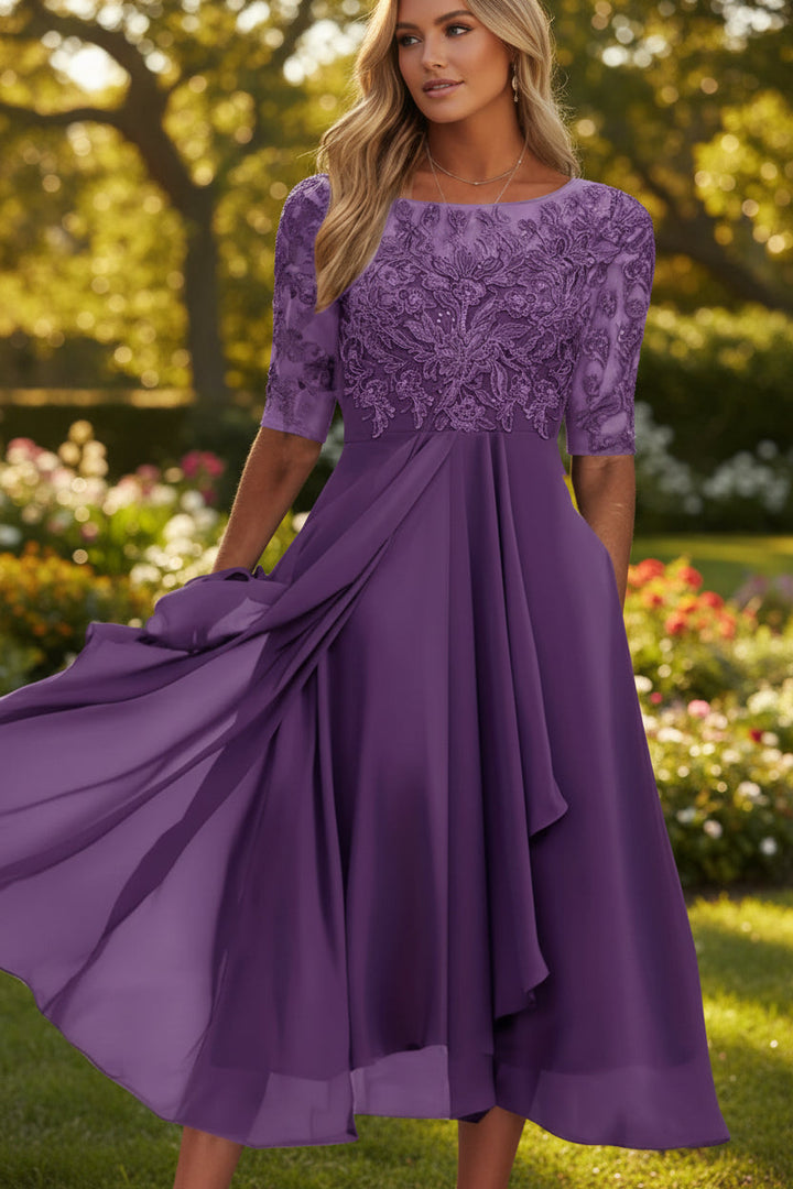 Comfortable flowy women's midi dress with a flattering high waist & flared skirt, perfect for summer.