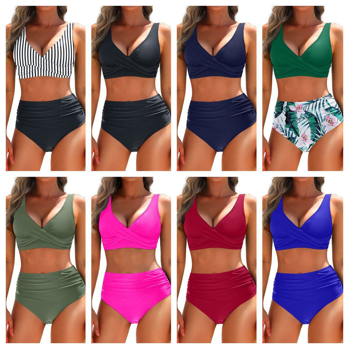 Women's flattering high-waisted bikini set, perfect two-piece swimsuit for beach or poolside.