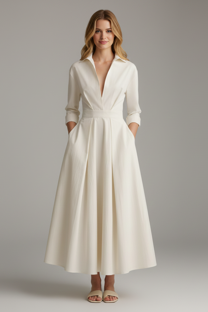 Collared button-front midi dress for women, long sleeves, flattering fit. Ideal for spring & autumn style.