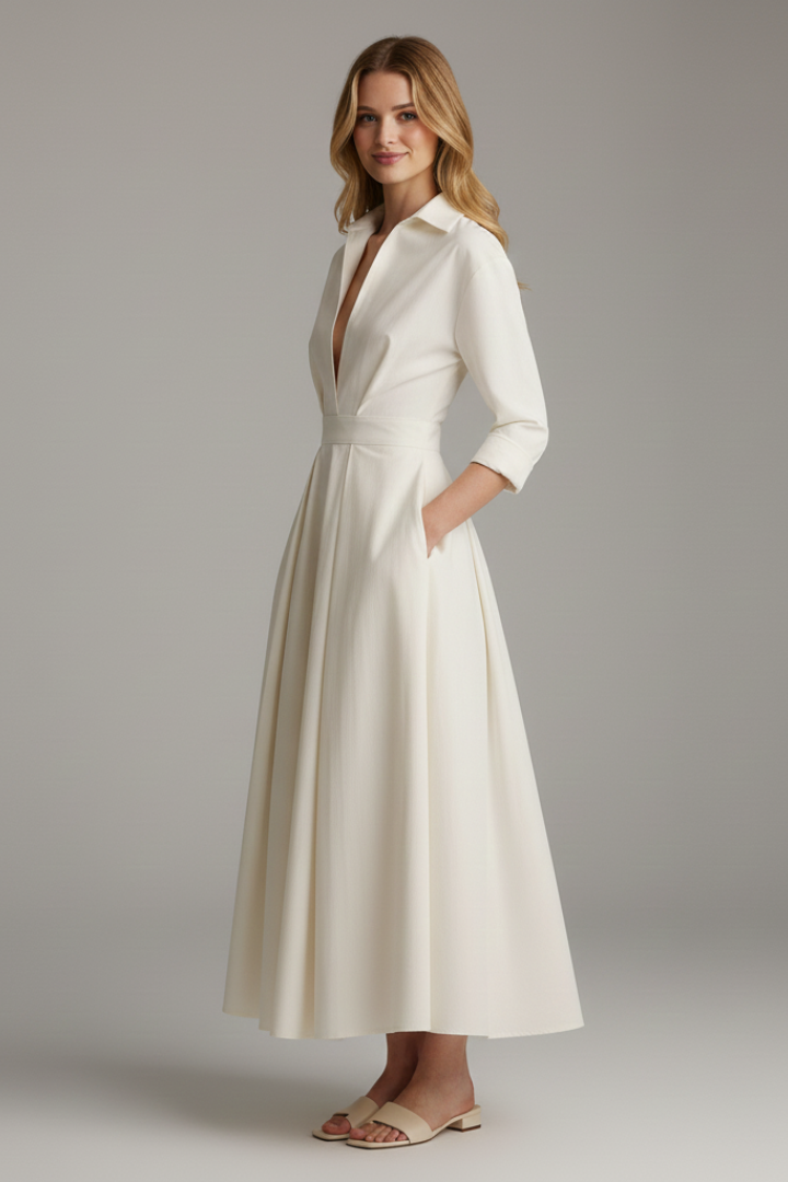 Versatile women's button-front midi dress. Long sleeve A-line cut offers casual elegance & everyday wear.