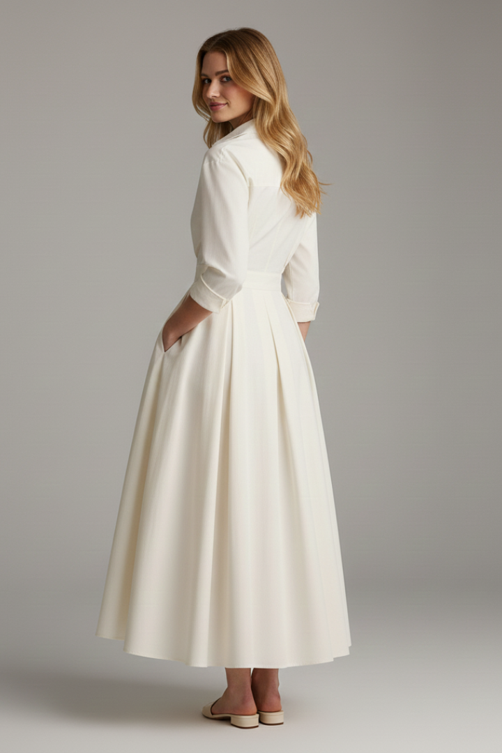 Flattering A-line midi dress for women, long sleeves and button front. Great for versatile casual fashion.