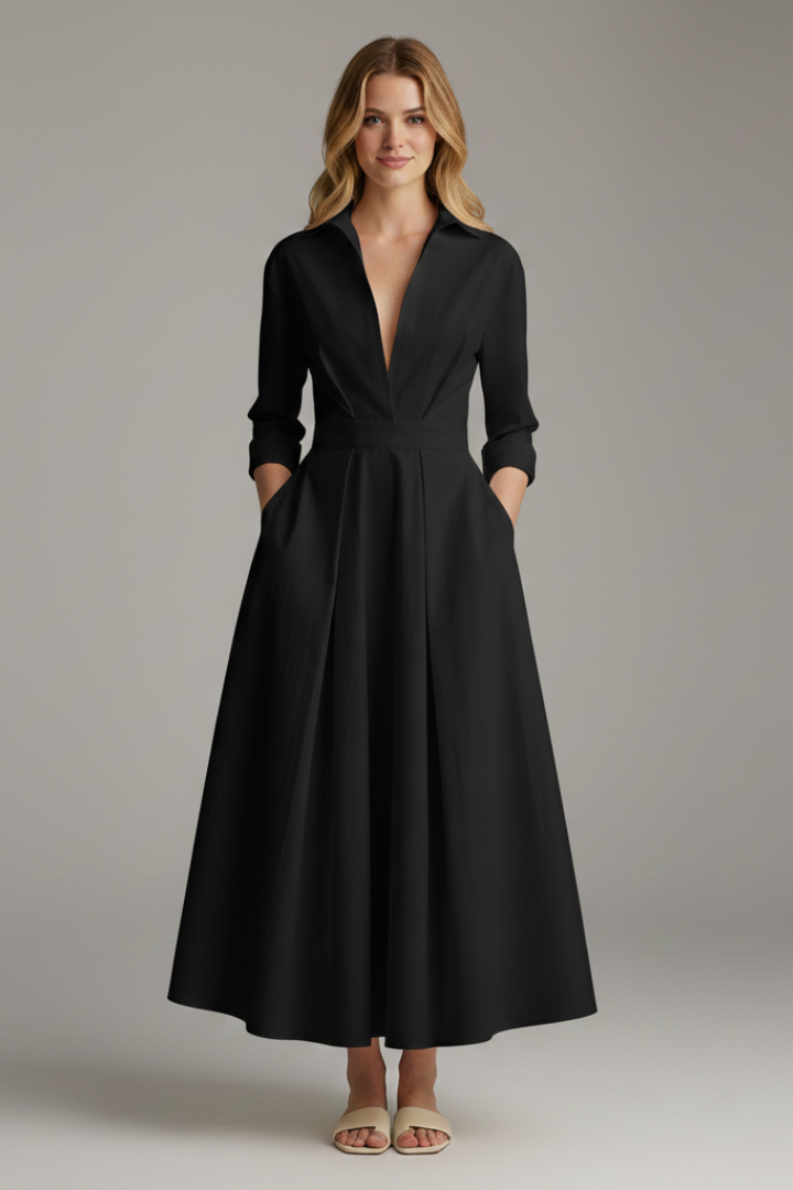 Chic A-line midi dress for women, featuring a flattering button-front design and elegant long sleeves.