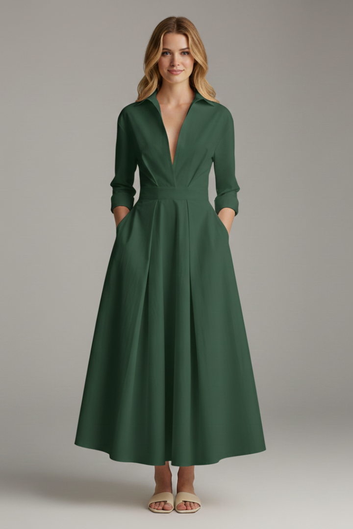 Stylish long-sleeve midi dress, women's button-front, flattering fit. Essential for spring and autumn outfits.