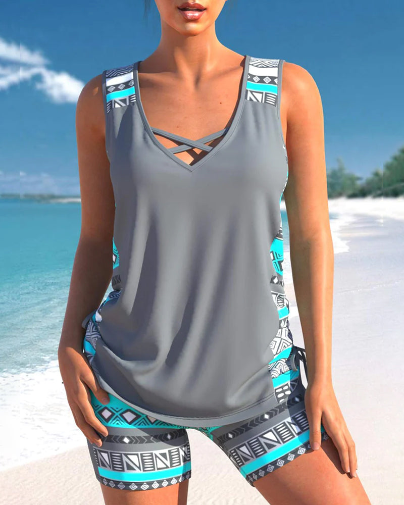 Stylish women's tankini set, a flattering and comfortable choice for summer poolside relaxation.