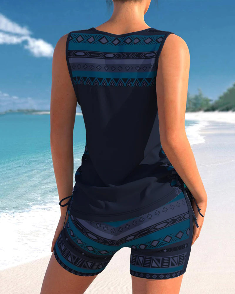 Fashionable women's tankini beachwear, offering a flattering and modest look for summer vacations.