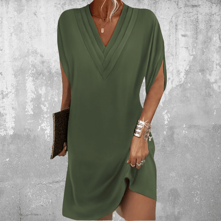 Women's flattering tummy control midi dress with V-neck, short sleeves, perfect for versatile elegant styling.