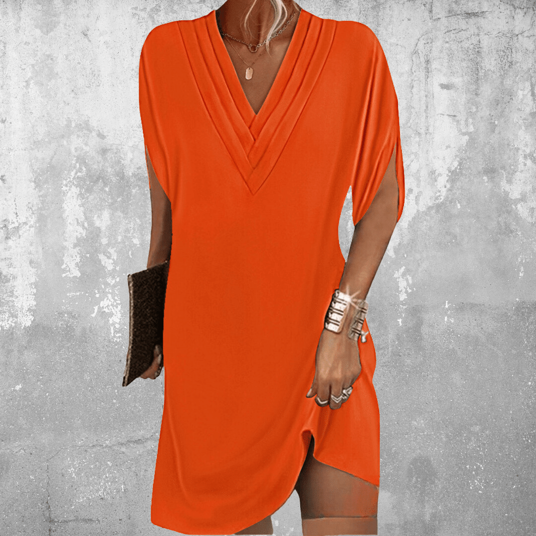 Flattering midi dress for women, tummy control, V-neck, short sleeve. Designed for stylish comfort & versatility.