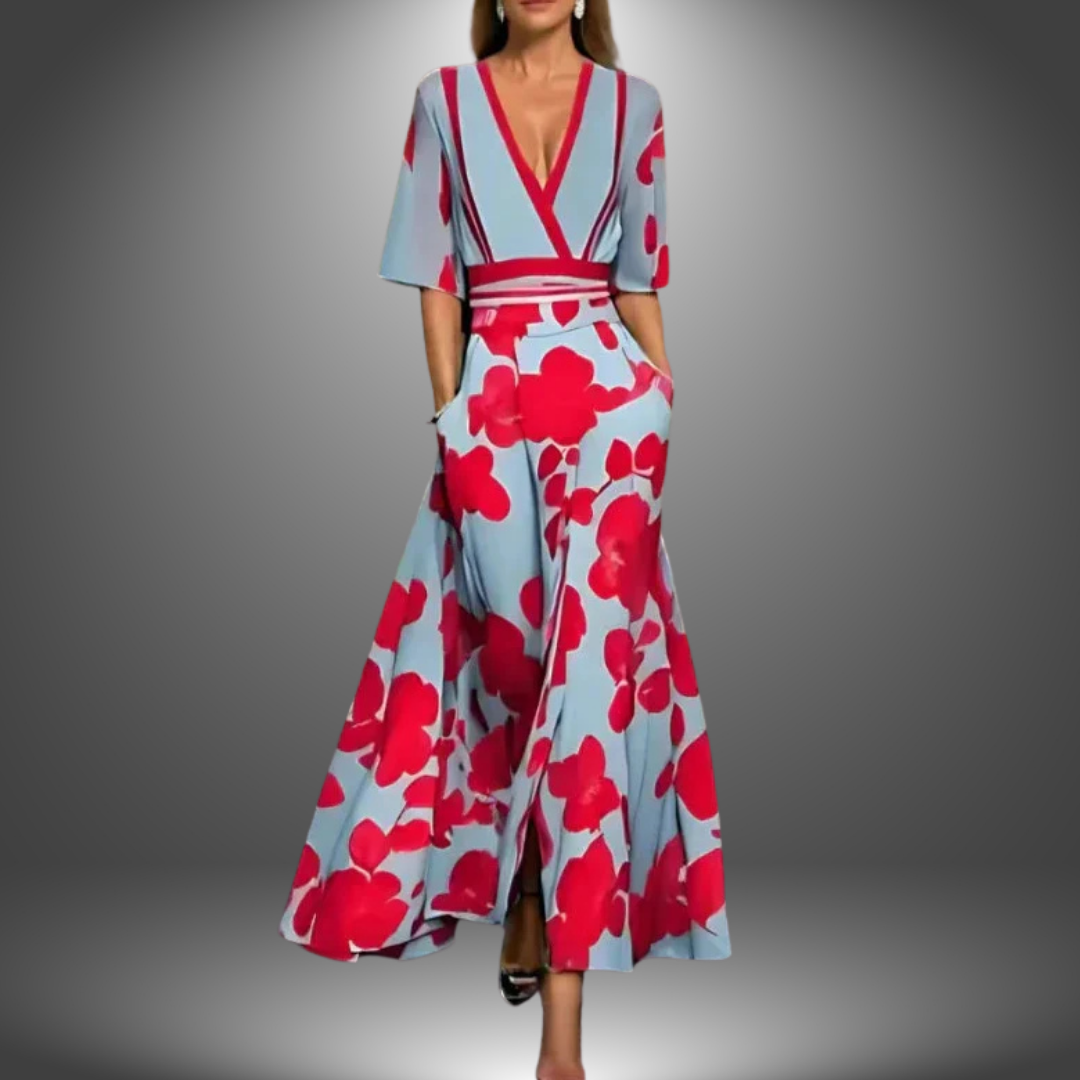 Women's flattering V-neck printed maxi dress, ideal for elegant summer style. Flowing and comfortable design.