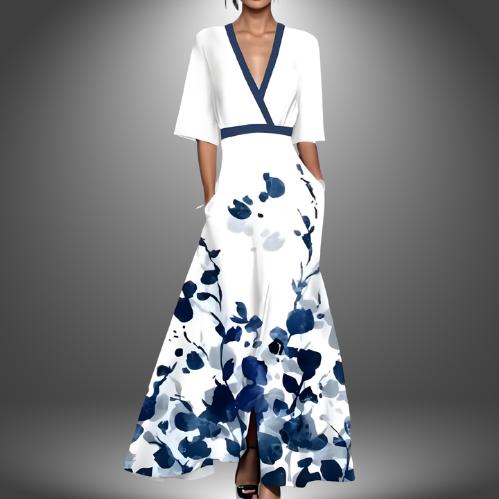 Stylish women's printed V-neck maxi dress, offering a comfortable, flowing fit for casual or elegant occasions.
