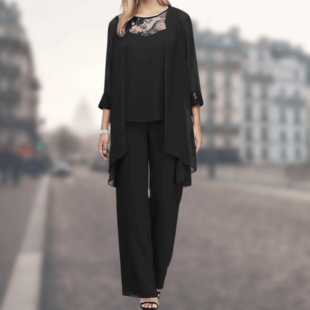 Elegant women's three-piece set with wide-leg pants, comfortable jacket, and lace trim, perfect for spring/summer.