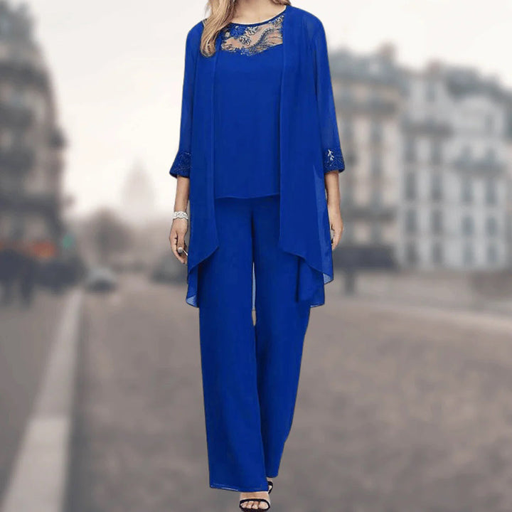 Flowy women's three-piece set featuring wide-leg pants, a jacket, and stylish lace trim, ideal for summer comfort.
