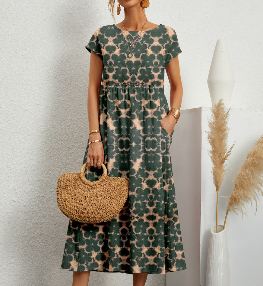 Women's floral A-line midi dress with short sleeves, perfect for summer casual wear. Comfortable & stylish day dress.