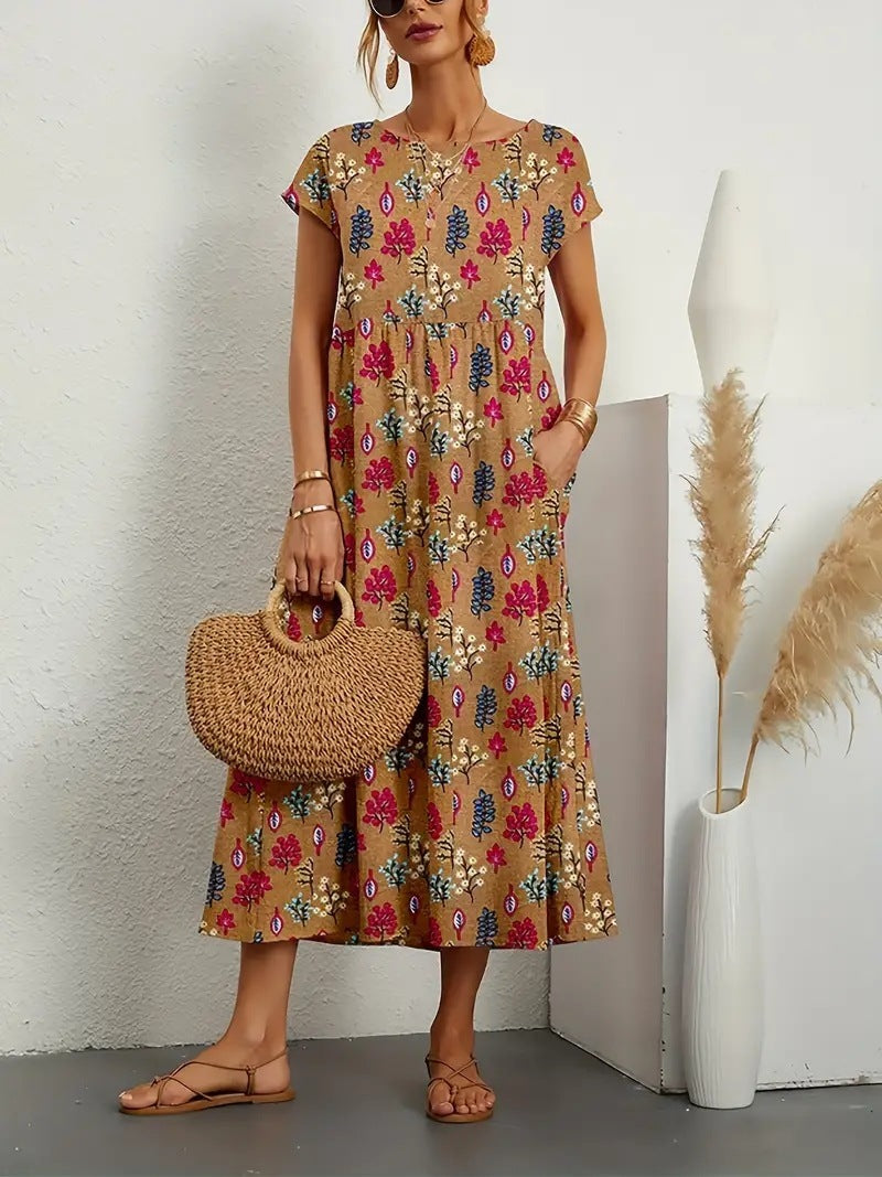 Elegant women's short-sleeve A-line floral dress. Midi length with a comfortable fit, perfect as a versatile day dress.
