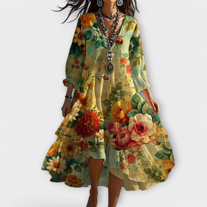 Women's floral boho flowy V-neck maxi dress with long sleeves, perfect for summer vacation or beachwear.