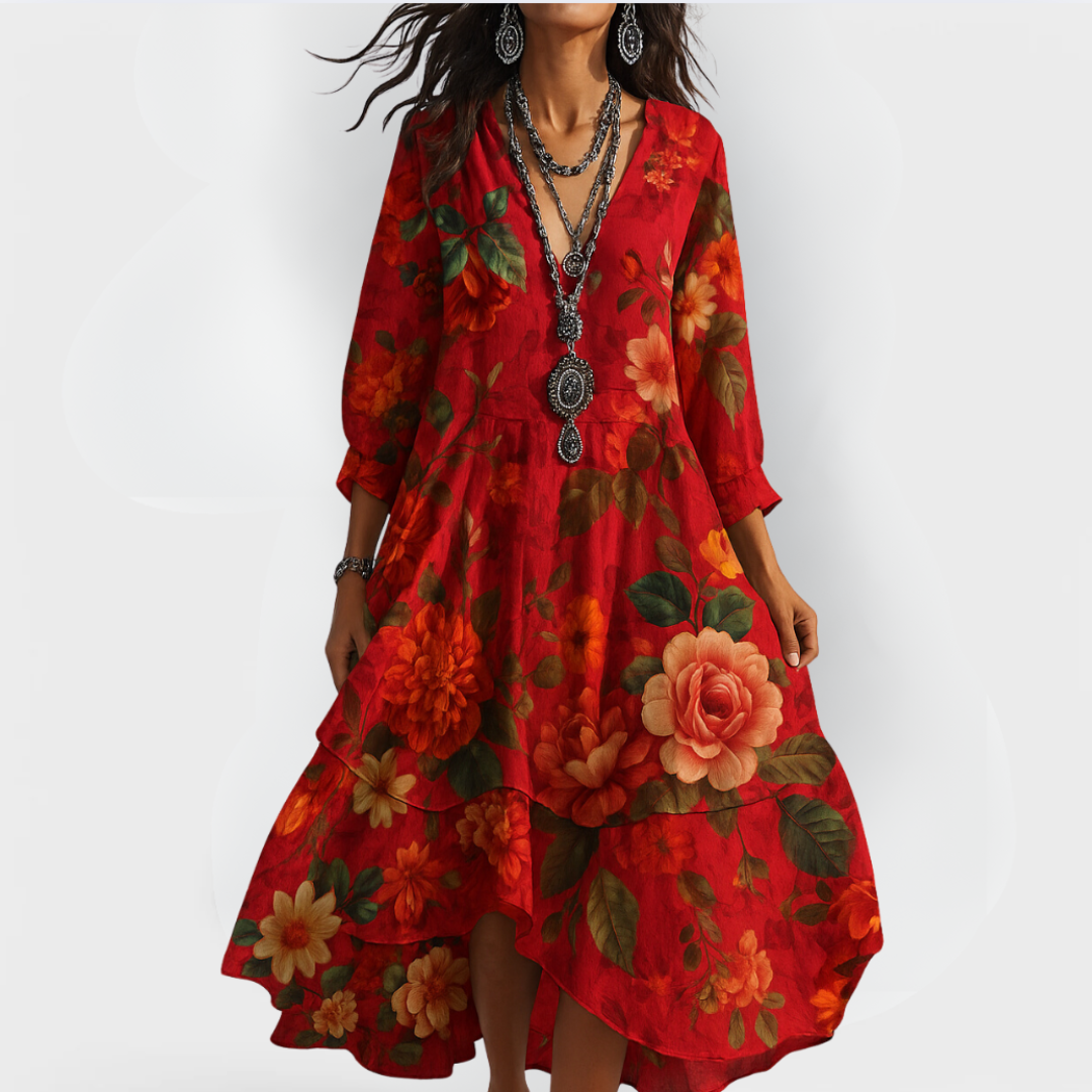 Elegant women's floral boho maxi dress featuring a flowy design & V-neck, ideal for casual or vacation style.